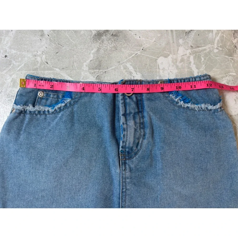 Route 66 Girls Y2K Denim Mini Skirt Blue Distressed Raw Hem Size 8